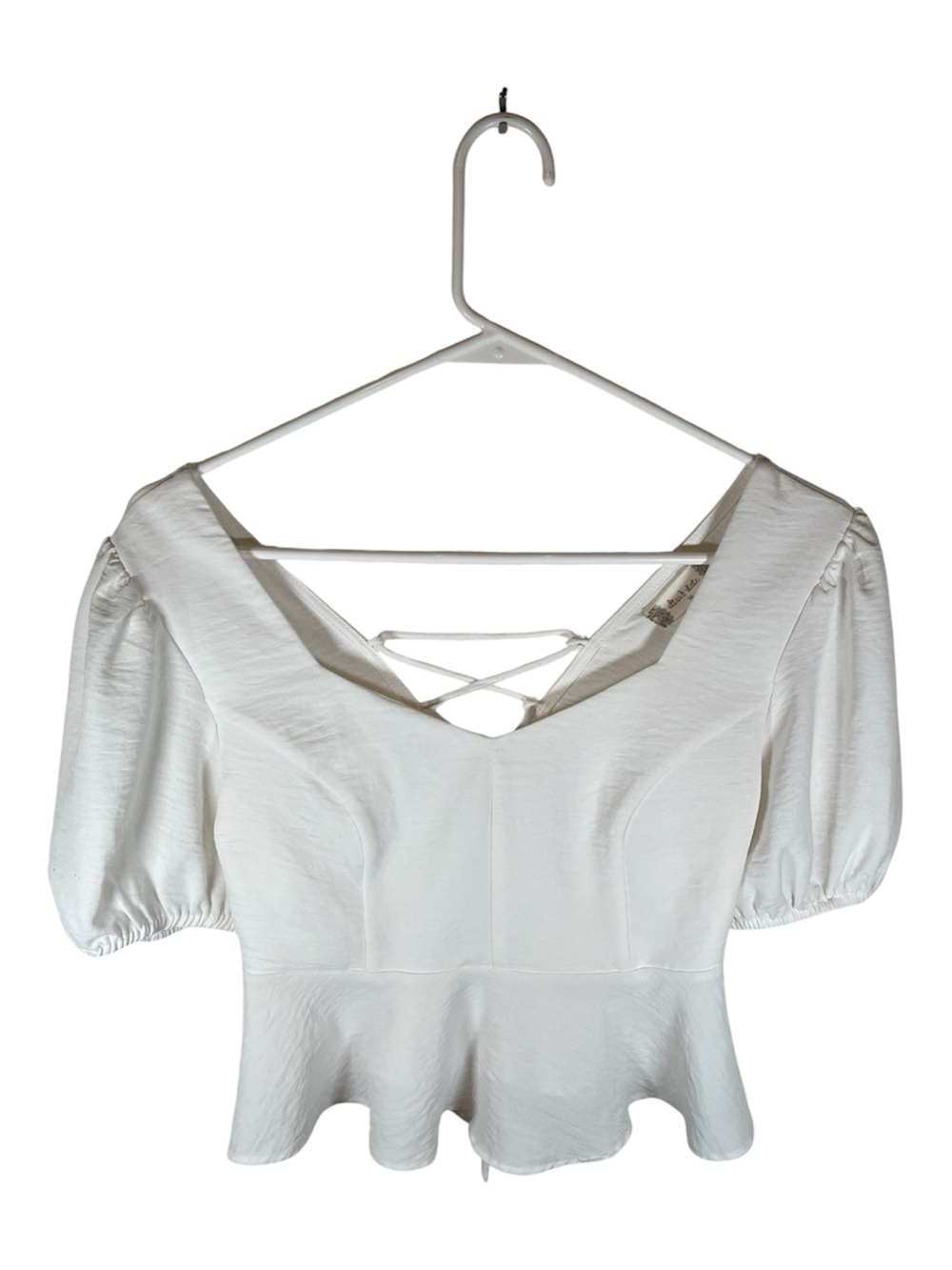 Altar'd State Cottagecore White Sweetheart Peplum Blouse Puff Sleeve Lace-Up